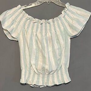 Impeccable Pig Small Cotton Blend Striped Top cream pale mint elastic waist bow
